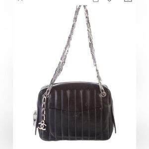 CHANEL Mademoiselle Ligne silver Chain camera  Lambskin Black bag VINTAGE